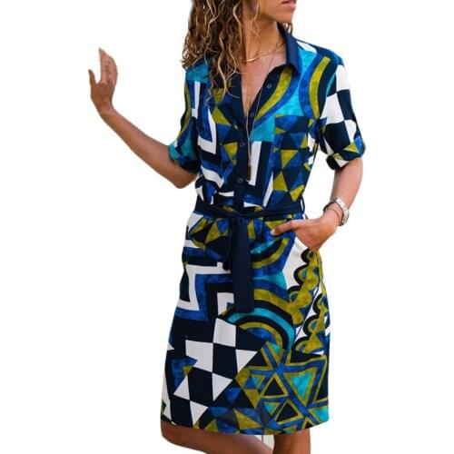 New Fashion Womens Dress Turn Down Collar Office Ladies Long Sleeve Shirt High Waist Printed Bandage Elegant Dresses