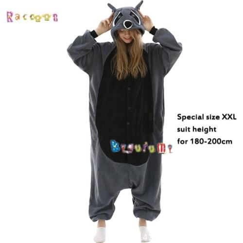 Extra Large 180-200cm animal gray raccoon kigurumi onesie unisex fleece boy girl unicorn winter fox cosplay pajama
