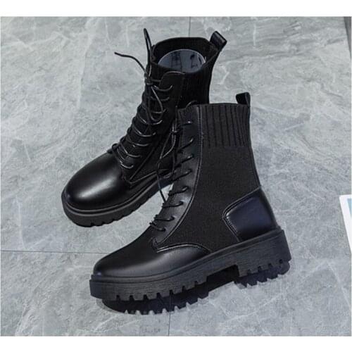 2020 Autumn Womens Boots Casual All-Match Lace-Up PU Leather Boots Black Non-Slip Motorcycle Boots Botas De Mujer Size 35-40