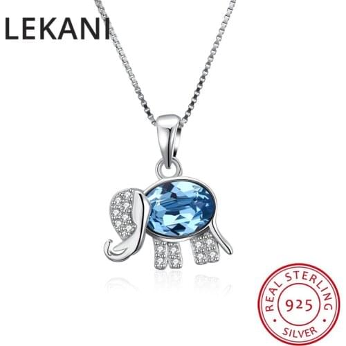 LEKANI Real S925 Sterling Silver Fine Jewelry Crystals From SWAROVSKI Cute Elephant Pendants Necklaces For Women Girls Joyas