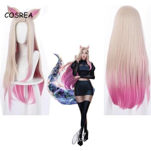LOL KDA Ahri Cosplay Wig Creamy Yellow Gradient Pink High Temperature Resistant Long Wigs Synthetic Hair Halloween Carnival