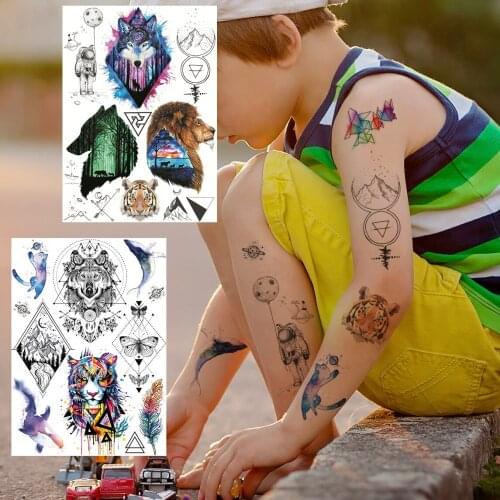 Wolf Tiger Fake Temporary Tattoos For Men Boys Watercolor Forest Disposable Tattoo Mountain Moth Dolphin Tatoo Body Legs Feather
