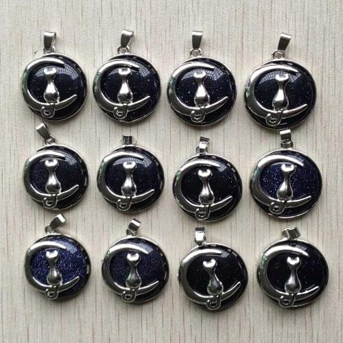 New fashion blue sand stone moon cat metal alloy charms Pendants for necklace jewelry accessories marking wholesale 12pcs/lot