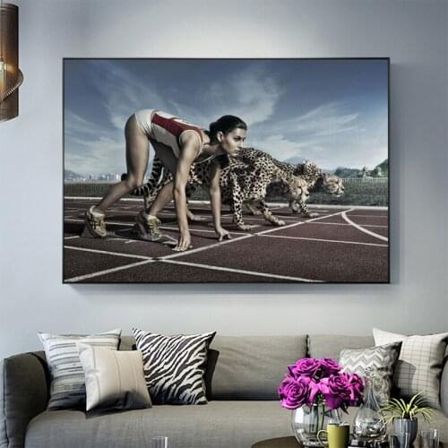 Girl Athlete Race with Cheetah Posters and Prints Animal Canvas Painting Running Scandinavian Art Picture for Home Decoration