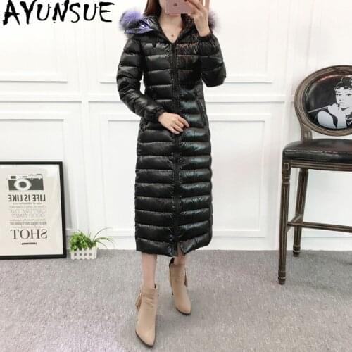 AUYUNSUE Womens Winter Down Jackets Long Coat 90% Duck Down Jacket Woman Hooded Fox Fur Collar Warm Puffer Jacket Slim JL-1806