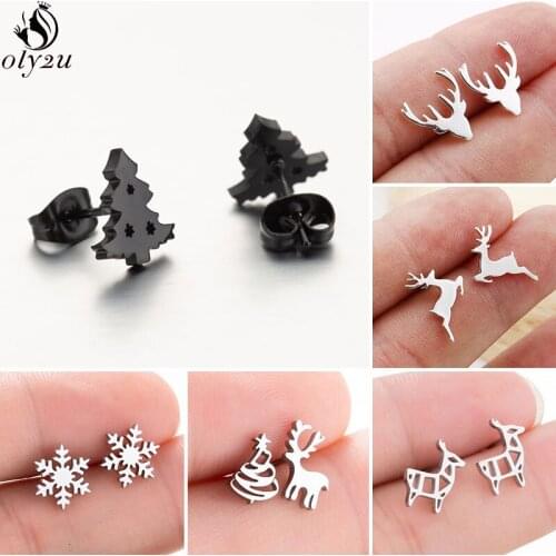 Cartoon Deer Animal Earrings Small Stainless Steel Elk Snowflake Christmas Tree Stud Earrings for Women Girls Kids Xmas Brincos
