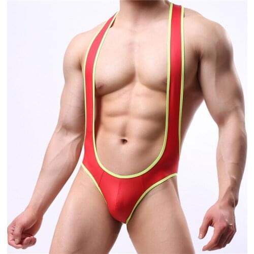 Sexy Men Undershirt Faux Leather PU Wrestling Singlet Open Butt Bikini Jumpsuit Suspender Underwear Tight One-Piece Bodysuit