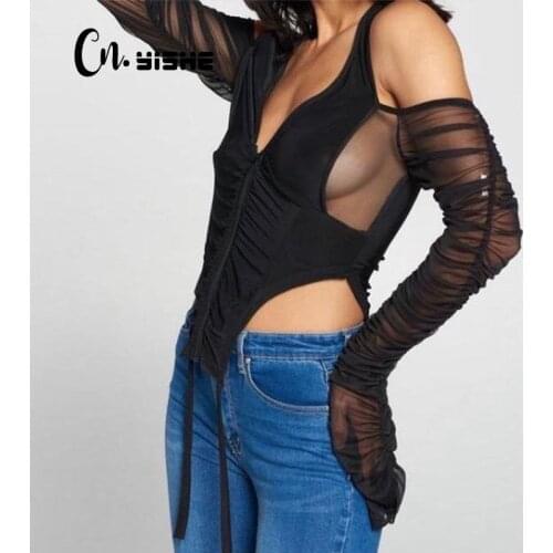 CNYISHE Fashion Mesh Shirt Women Tshirt Top Zipper Halter V-neck Off the Shoulder Crop Top For Women T-shirt Sexy Streetwear Top