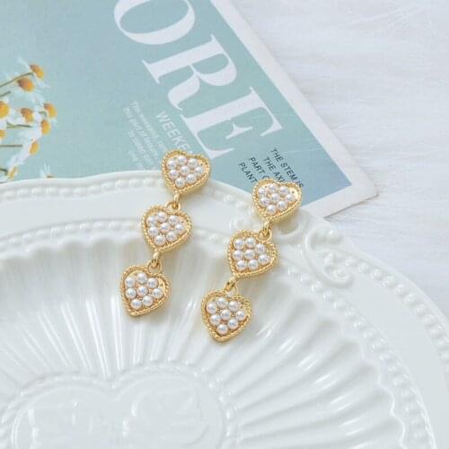 Three Love Imitation Round Pearl Pendant Earrings Gold Color Fashion Heart Long Drop Earrings Female Weddings Sisters Gifts