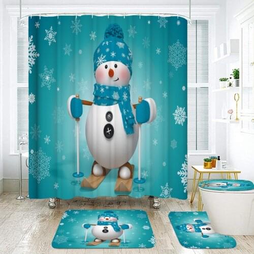 Bipoobee Santa Snowman Christmas Tree Shower Curtains and Toilet Cover Mat Non-Slip Bath Rug Sets Bathroom Curtain with Hooks