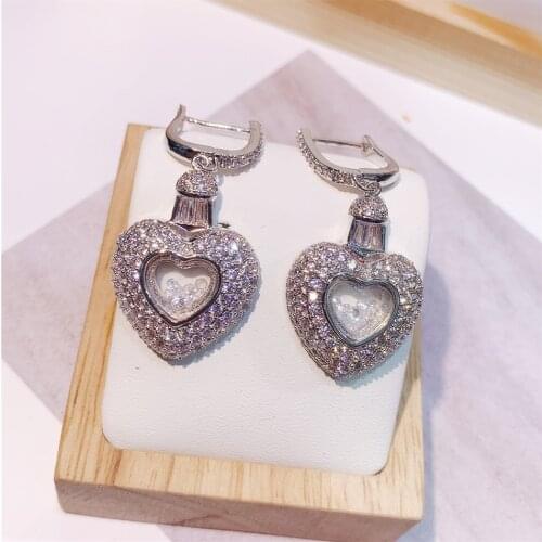 Hot Double Heart Love Stone Cuff Stud Earring Tassel Moving Crystal Stone Love Stud Earring Women Party Wedding Jewelry
