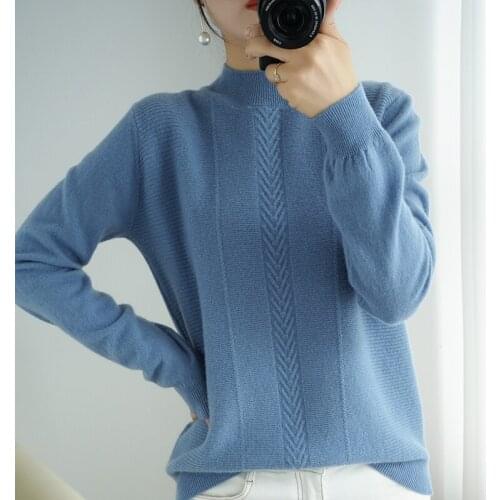 Autumn and winter new pullover womens 100% wool half high neck long sleeve loose casual solid color large size knitted sweater