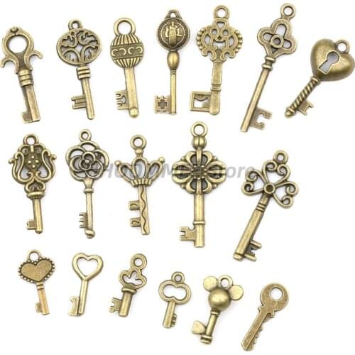 18pcs/sets Antique Vintage Old Look Bronze Ornate Skeleton Keys Lot Necklace Pendant Fancy Heart Decor DIY Craft Gifts hot