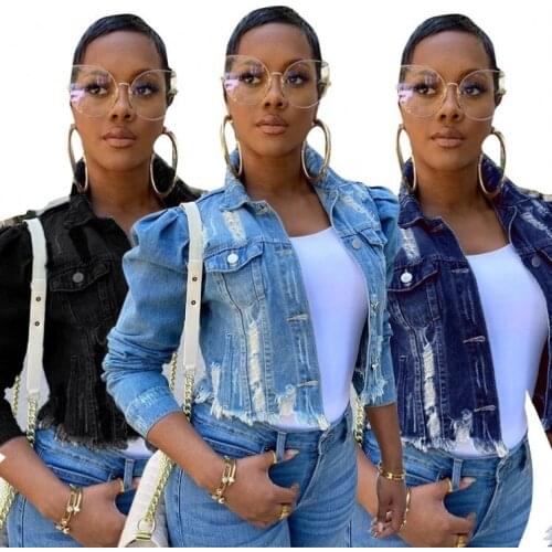 2021 Fashion Fall Clothing Hollow Out Jeans Jacket Coats Ladies Ripped Plus Size Denim Jacket Women