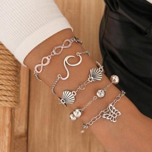 5PCS/LOT Bohemian Mix Vintage Butterfly Shell Wave Infinity Multilayer BraceletWomen Trend Exaggerated Beach Party Jewelry