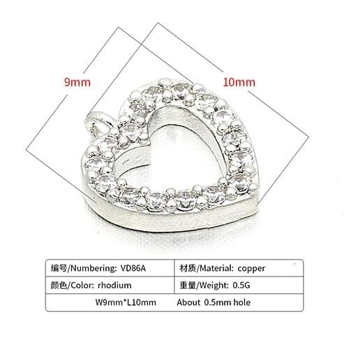 9*10mm Brass Cubic Zirconia Love Heart Charms Pendants DIY Women Necklace Pendant Jewelry Accessory Findings, Model: VD86