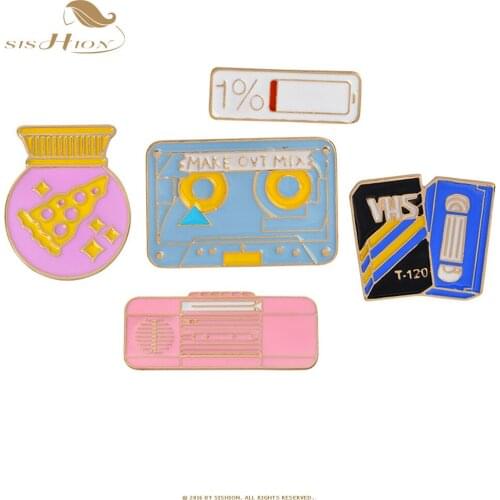 SISHION battery power out Brooches enamel tape recorder pin colorful mechanic cassette tape Brooch badge Lapel pins metal pin