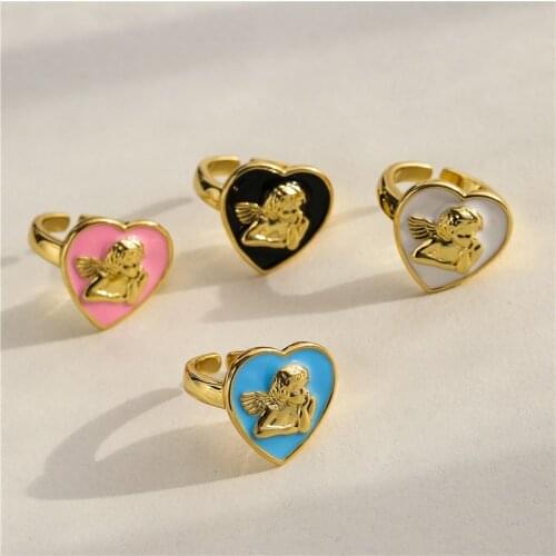 HECHENG,Colorful Drop oil Love Heart Angle Ring,Vintage Cupid The Cross Adjustable Ring,For Women Jewelry,Wholesale