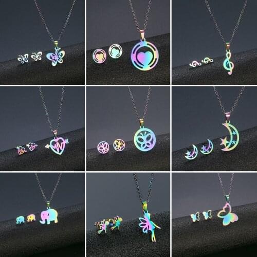 Colorful Cartoon Jewelry Sets for Women Stainless Steel Snowflake Star Moon Butterfly Necklace Earrings Kids Birthday Gala Gift