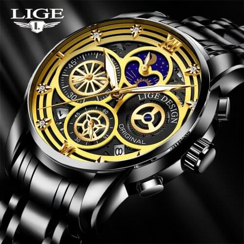 LIGE 2021 New Fashion Men Watches Calendar Stainless Steel Top Brand Luxury Sport Chronograph Quartz Watch Men Relogio Masculino
