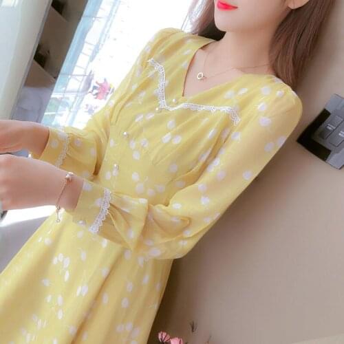 Fashion Yellow Dress for Women Elegant Spring Long Sleeve Ladies Vintage Print Chiffon Midi Dress Casual Party Vestidos Y417