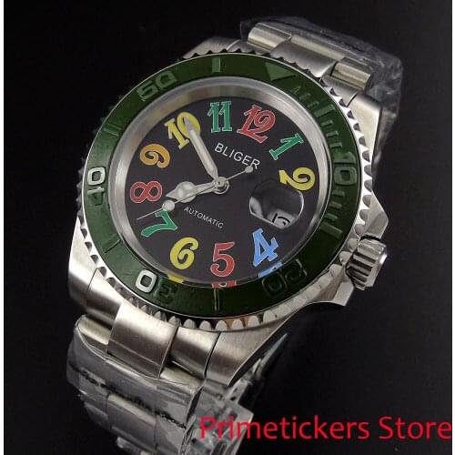 Green ceramic rotating bezel BLIGER 40mm black dial luminous stainless steel strap automatic movement mens watch