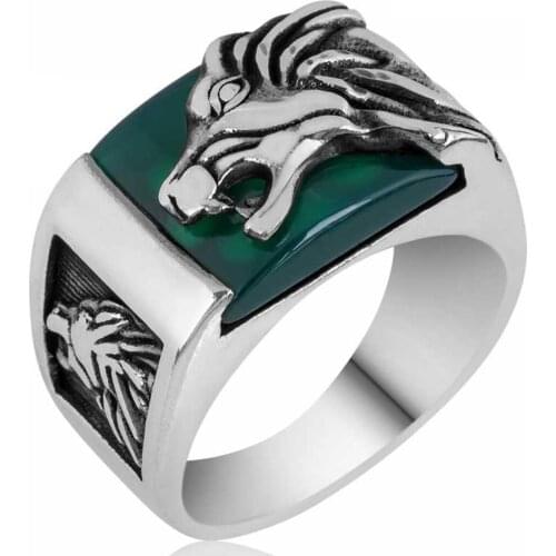 Solid 925 Sterling Silver Handmade Green Agate Stone Lion Mens Ring