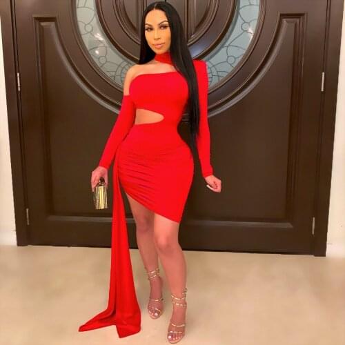 Solid Dresses Sheer Mini Dress Women Hollow Out Full Sleeve Sheath Elastic Asymmetrical Collar 2021 Summer Sexy Club Party Dress