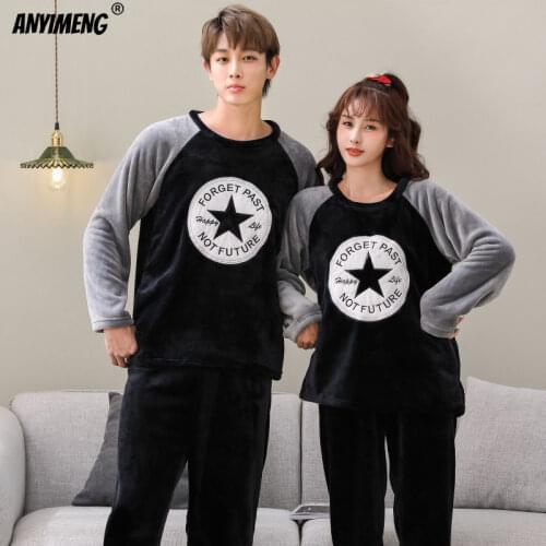 Stars Embroidery Couples Sleepwear Patchwork Sleeved Flannel Pajamas His and Hers Matching Young Boy and Girls Leisure Homewear