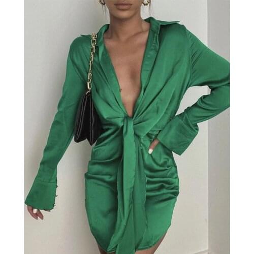 Foridol Satin Shirt Dress V Neck Long Sleeve Autumn Winter Party Dress Short Silk Green Sash Dress Ladies Ruched Elegant Dress
