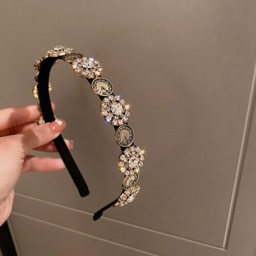 Wide Sparkly Rhinestone Crystal Round Alphabetic Clock Hairbands Baroque Vintage Headbands Hair Accessories Jewelry