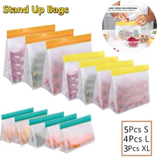 PEVA Food Silicone Bag Reusable Freezer Stand Up Bag Silicone Storage Bag Leakproof Top Kitchen Organizer Cup Bowl Bags BPA Free