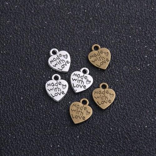 20pcs/lot 10*12mm Two Color Vintage Metal Alloy Hearts Made with Love Charm Jewelry Heart Charms
