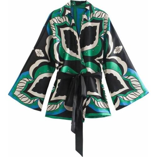 Women Fashion With Belt Printed Wrap Kimono Blouses Vintage Three Quarter Sleeve Female Shirts Chic Tops