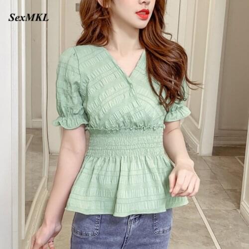 Sexy Chiffon Summer Blouse Women 2021 New Fashion Korean Style V Neck Casual Ladies Tops Clothes Short Sleeve Slim White Blouse