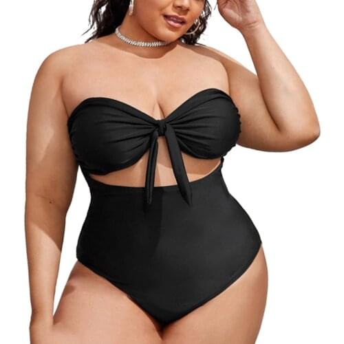 Black Plus Size Womens One-Piece Swimsuit Push Up Tied Bandeau High Waist Bikini Bathing Suit Large Size Swimwear Monokini 4XL