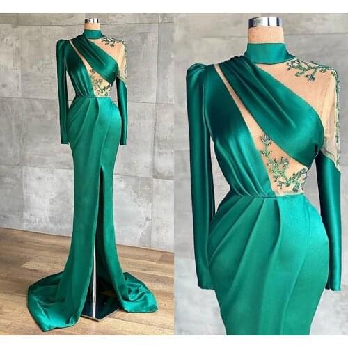 Long Sleeve High Neck Mermaid prom dresses wear Front Slit Dubai Women Green lace Satin Long Evening Dresses robes de soirée