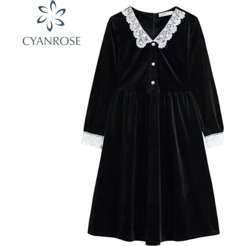 French Retro Dress Women Lace Patchwork Black Velvet V Neck Elegant Party Dresses Lady 2021 Button Casual Tide Mid-Calf Vestiods