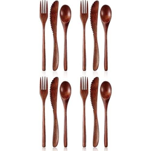 12 Pieces Wooden Spoon Fork Knife Cutlery Set Wooden Dinner Utensil Set Kitchen Wooden Flatware Tableware Cutlery Set