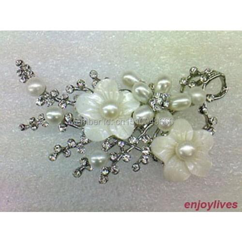 FREE SHIP >>Real White Pearl 18KWGP Crystal Shell Flower Brooch