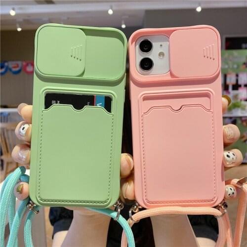Card Slot Crossbody Lanyard Strap Phone Case for iPhone 12 Pro Max 11 7 8Plus X XR XS Lens Protection Soft Silicone Case Cover