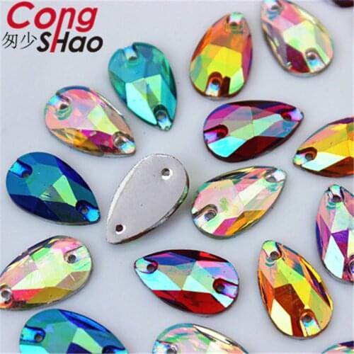 Cong Shao 100Pcs 10*18mm Drop Shape Black Crystals AB Rhinestone Flatback Sewing 2 Hole Stones Resin For DIY Wedding Dress WC415