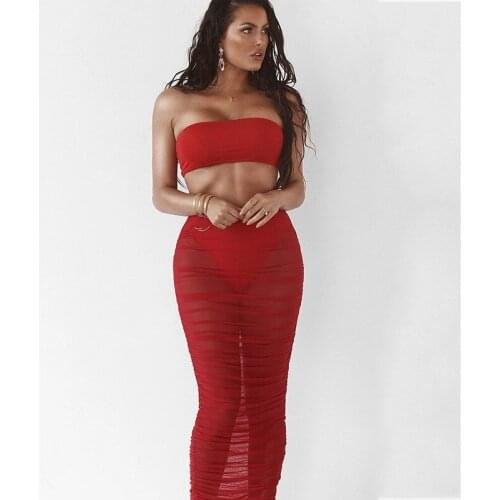Hirigin 2021 Sexy Women Skirts Sexy Mesh Sheer See Thtough Pleated Skirt Beachwear Bikini Cover Ups Party Long Maxi Skirts