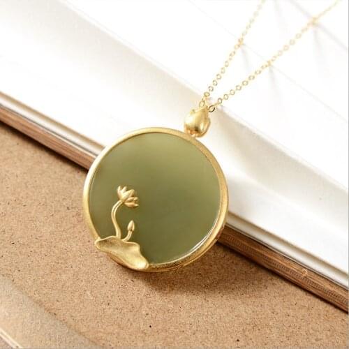 Silver inlaid natural Hetian jade lotus blossom round brand Pendant Necklace Chinese style retro charm womens jewelry