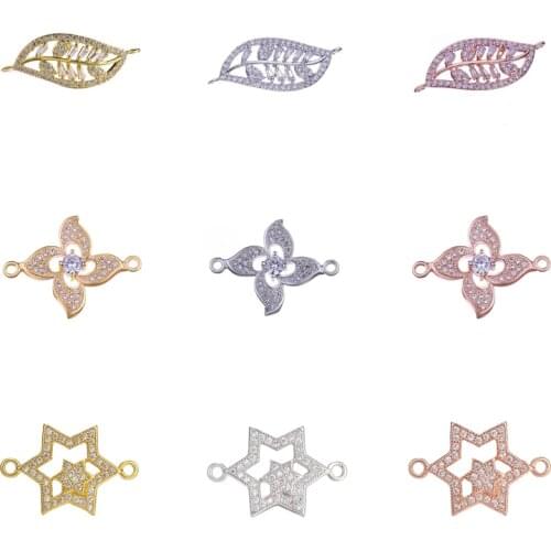 Juya DIY Earring Bracelets Fittings Micro Pave Zircon Leaf Flower Star Connectors For Fashion Needlework Jewelry Making Material