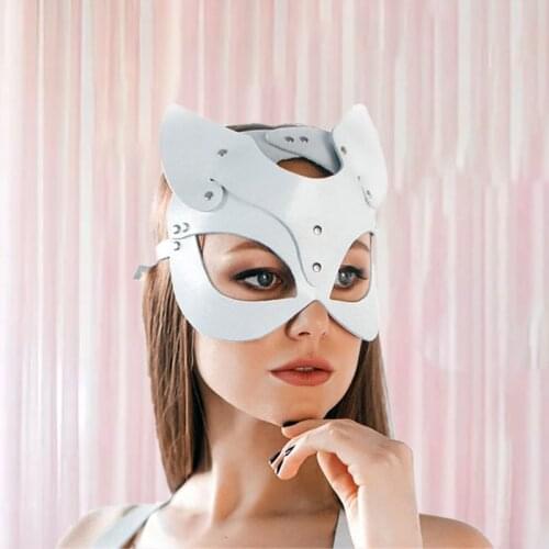 Anime Fox Mask PU Leather White Pink Cat Ear Masks Half Face Japanese Cosplay Masquerade Festival Costume Prop Rave Accessories