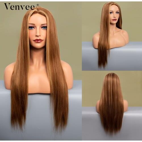Venvee Silky Straight Lace Front Wig Highlight Synthetic Wigs Piano Color with Pre-Plucked Hairline for Women Daily Synthetic