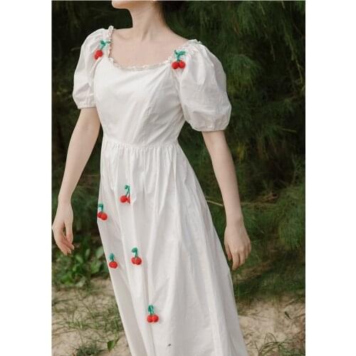 Palace Retro Square Collar Gentle White Fairy Dress Summer Cherry Cute White Puff Sleeve Princess Dress Vestidos