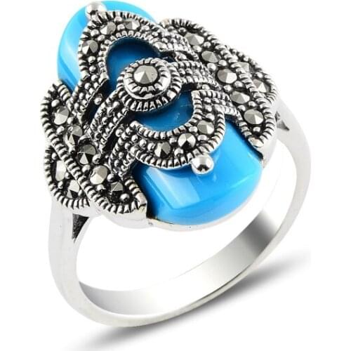 Silver 925 Sterling Turquoise & Marcasite Ring