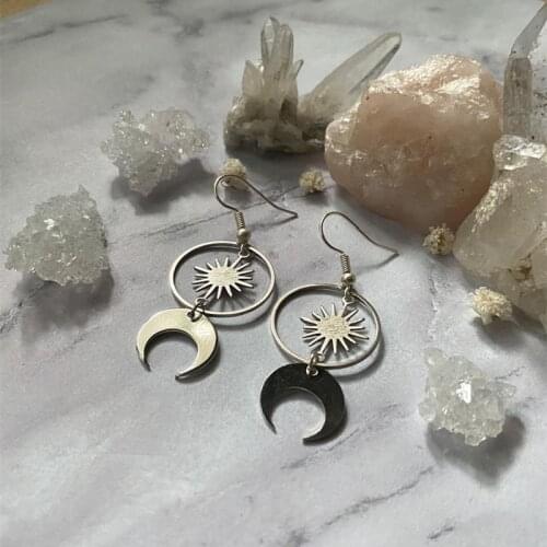 Silver Colour Geometric Celestial Sun Moon Earrings Drop Crescent Phase Boho Witchy Hippie Jewelry Punk Women Gift Fashion Trend